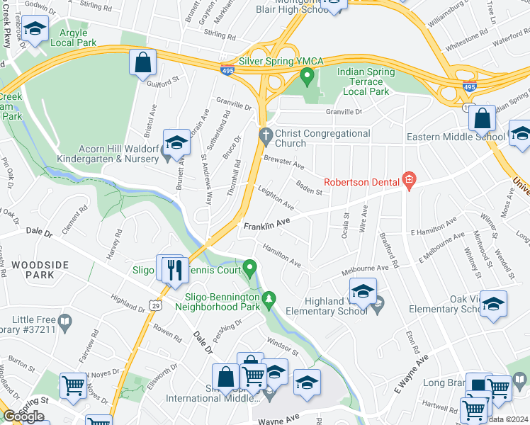 map of restaurants, bars, coffee shops, grocery stores, and more near 9308 Worth Avenue in Silver Spring