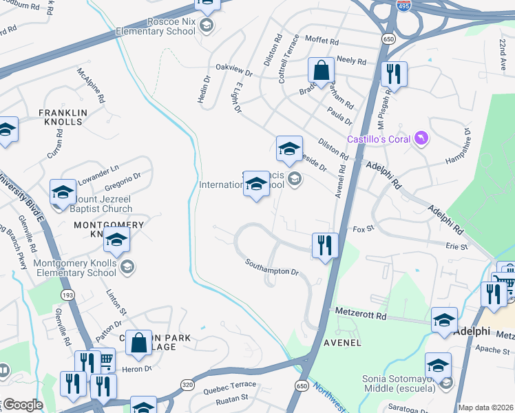map of restaurants, bars, coffee shops, grocery stores, and more near 641 Northampton Drive in Silver Spring