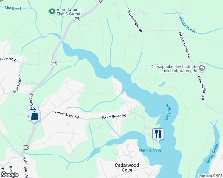 map of restaurants, bars, coffee shops, grocery stores, and more near 1634 Orchard Beach Road in Annapolis