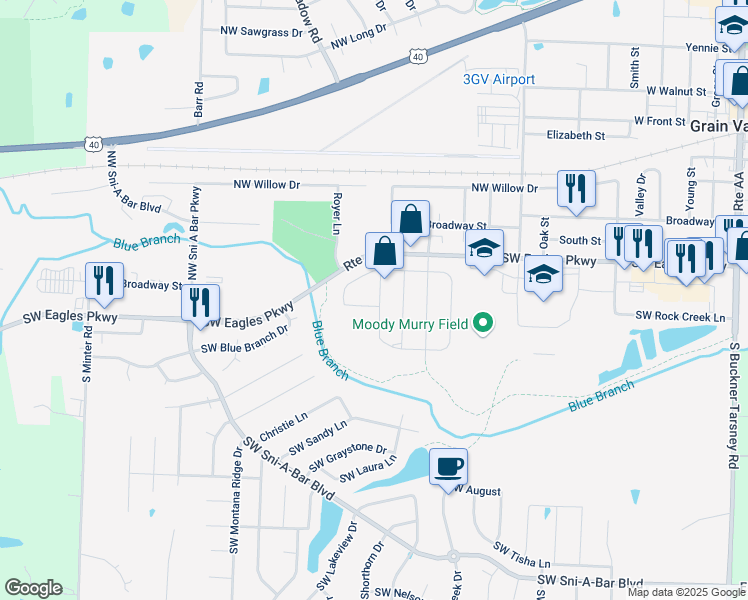 map of restaurants, bars, coffee shops, grocery stores, and more near 110 Rock Creek Drive in Grain Valley