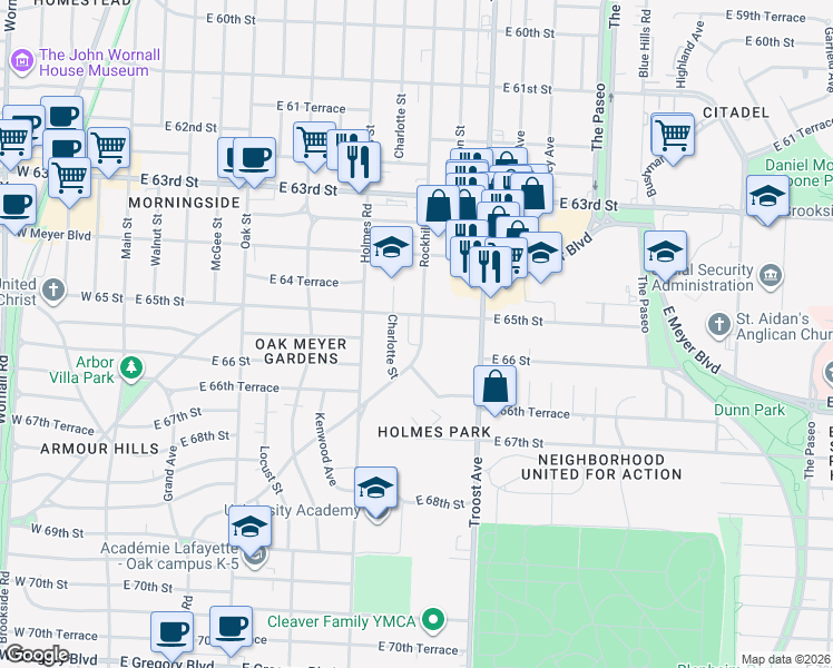 map of restaurants, bars, coffee shops, grocery stores, and more near 6523 Charlotte Street in Kansas City