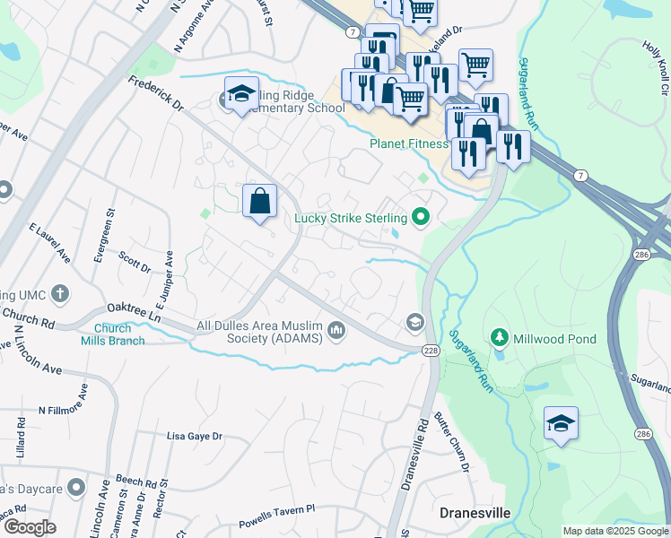 map of restaurants, bars, coffee shops, grocery stores, and more near 21920 Greentree Terrace in Sterling