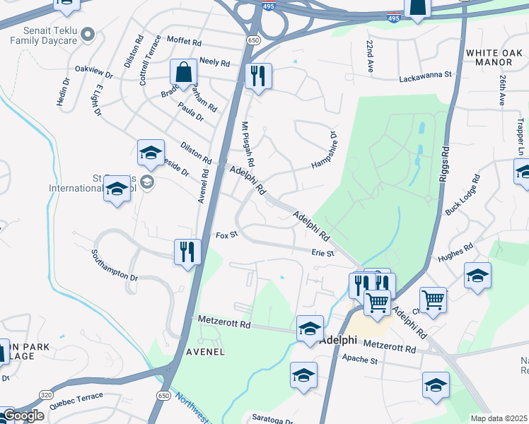 map of restaurants, bars, coffee shops, grocery stores, and more near 9408 Adelphi Road in Adelphi