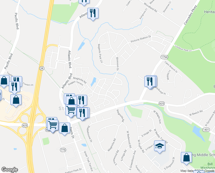 map of restaurants, bars, coffee shops, grocery stores, and more near 45585 Trestle Terrace in Sterling
