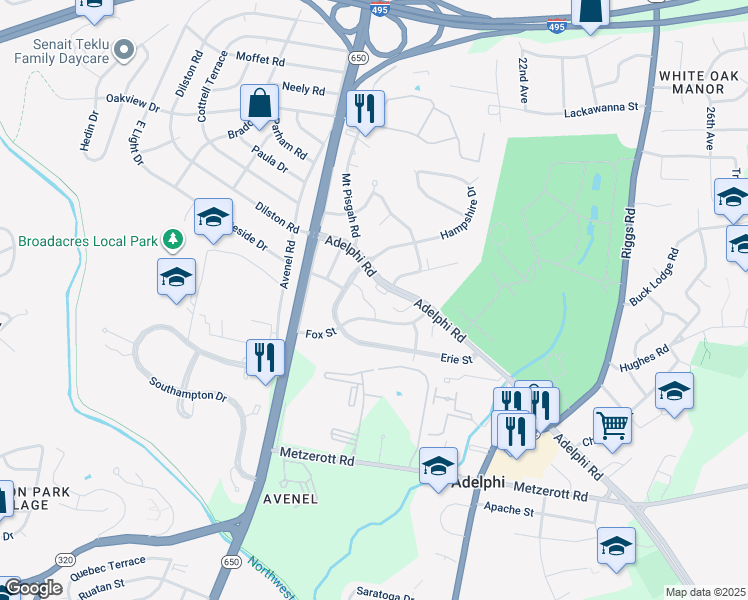 map of restaurants, bars, coffee shops, grocery stores, and more near 9408 Adelphi Road in Adelphi