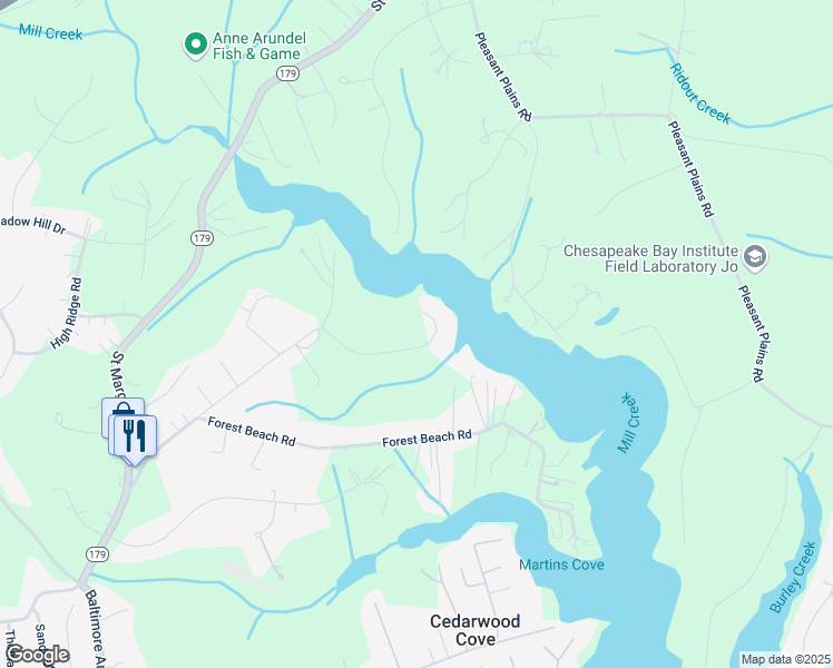 map of restaurants, bars, coffee shops, grocery stores, and more near 1634 Orchard Beach Road in Annapolis