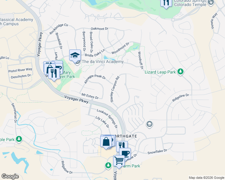 map of restaurants, bars, coffee shops, grocery stores, and more near Stanley Canyon Road in Colorado Springs