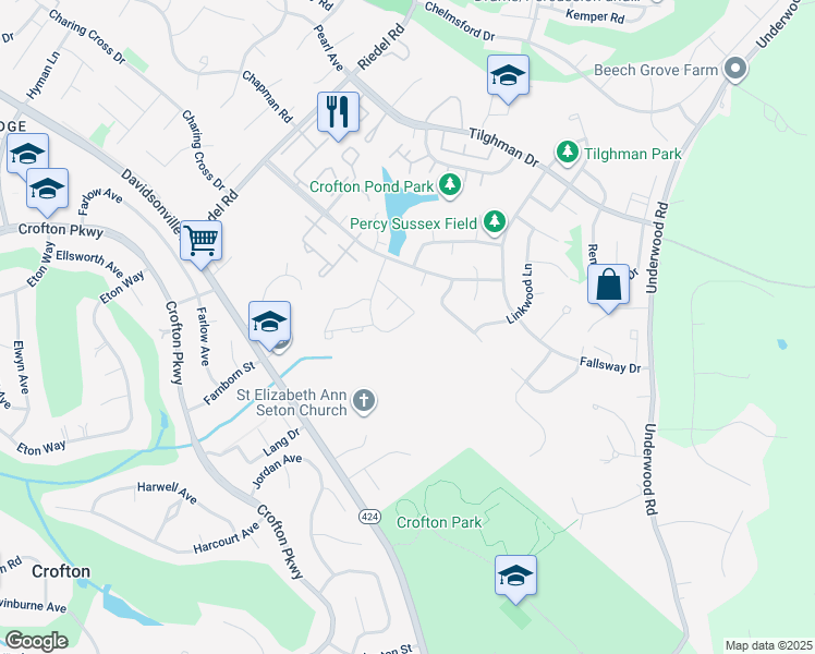 map of restaurants, bars, coffee shops, grocery stores, and more near 1822 Foxdale Court in Crofton