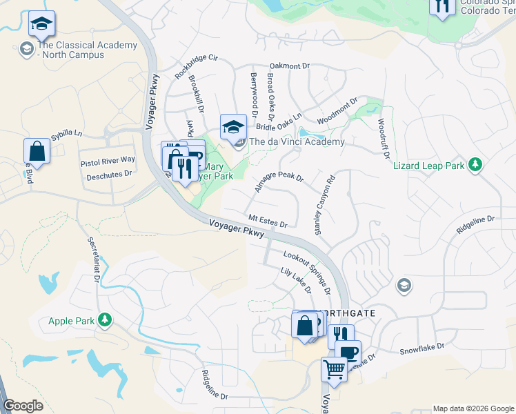map of restaurants, bars, coffee shops, grocery stores, and more near 1224 Mount Estes Drive in Colorado Springs