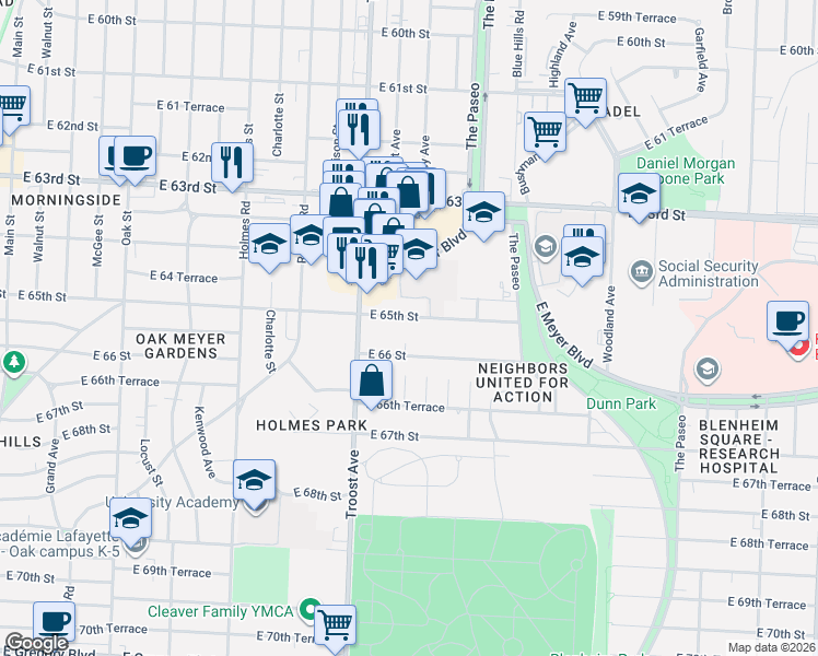 map of restaurants, bars, coffee shops, grocery stores, and more near 1124 East 66 Street in Kansas City