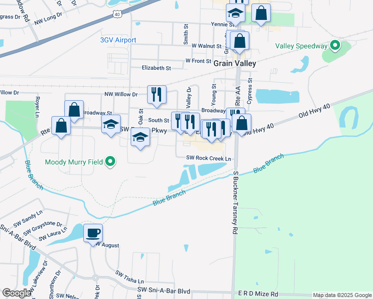 map of restaurants, bars, coffee shops, grocery stores, and more near 355 Southwest Eagles Parkway in Grain Valley