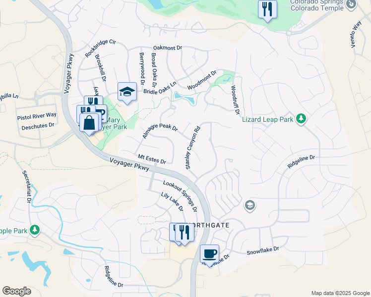 map of restaurants, bars, coffee shops, grocery stores, and more near 12244 Stanley Canyon Road in Colorado Springs