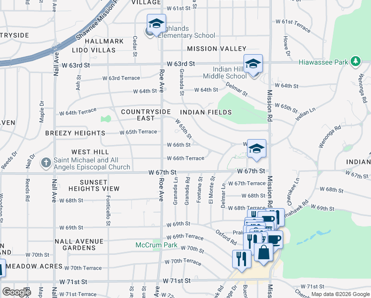 map of restaurants, bars, coffee shops, grocery stores, and more near 4510 West 66th Terrace in Prairie Village
