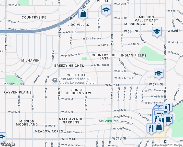 map of restaurants, bars, coffee shops, grocery stores, and more near 5014 West 66th Terrace in Prairie Village