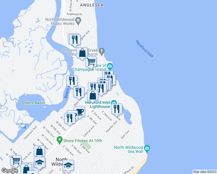 map of restaurants, bars, coffee shops, grocery stores, and more near 106 West Spruce Avenue in North Wildwood