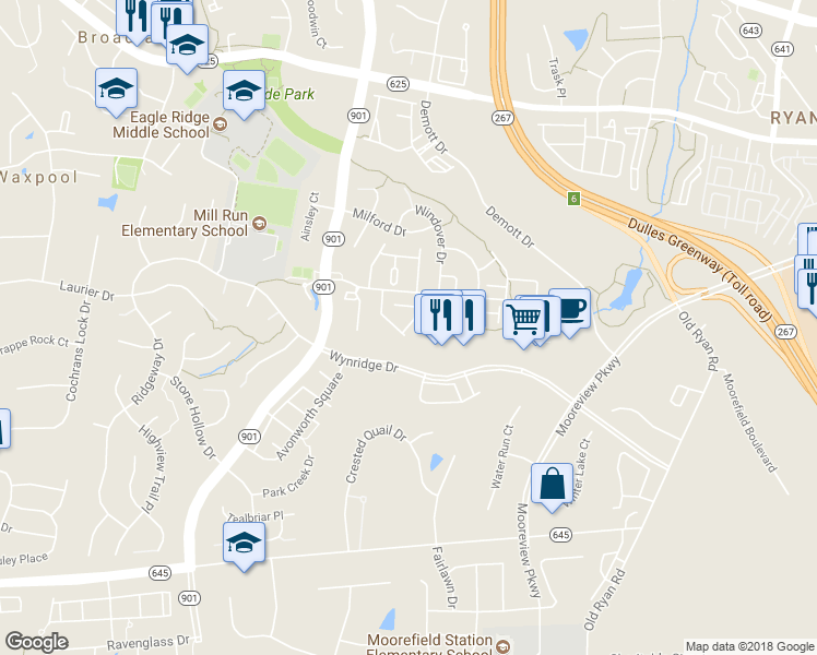 map of restaurants, bars, coffee shops, grocery stores, and more near 21983 Windy Oaks Square in Ashburn