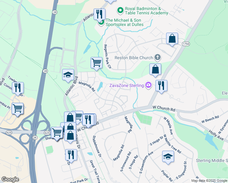 map of restaurants, bars, coffee shops, grocery stores, and more near 45581 Trestle Terrace in Sterling