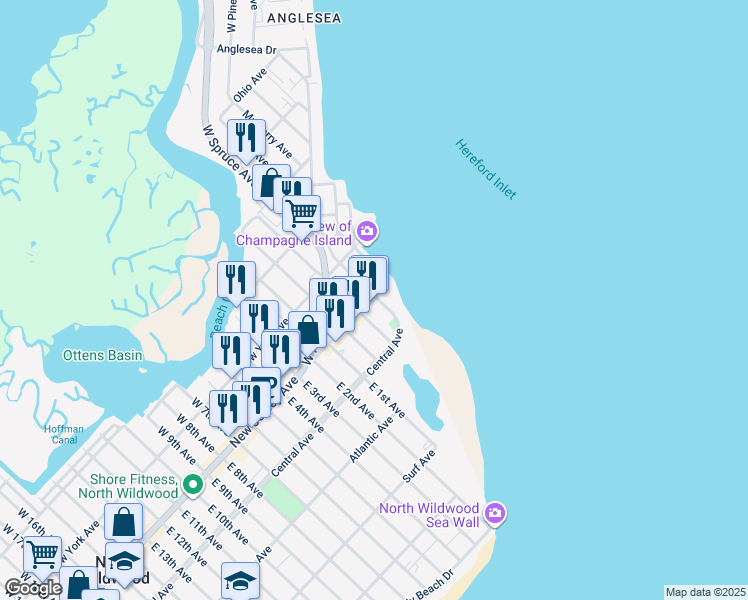 map of restaurants, bars, coffee shops, grocery stores, and more near 101 West Spruce Avenue in North Wildwood