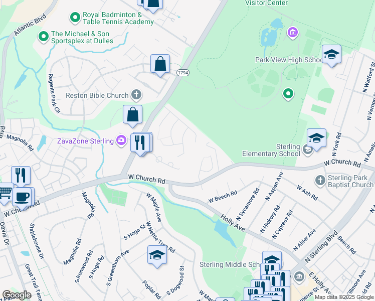 map of restaurants, bars, coffee shops, grocery stores, and more near 21058 Branchwood Way in Sterling