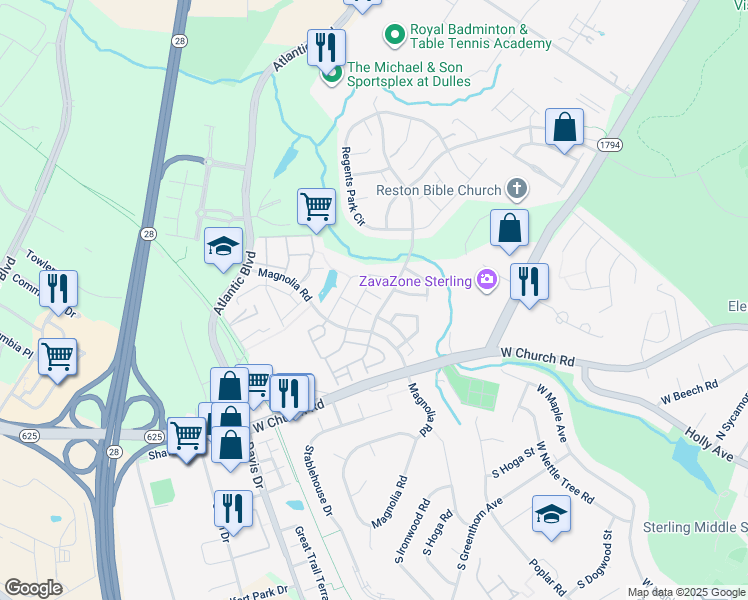 map of restaurants, bars, coffee shops, grocery stores, and more near 45581 Trestle Terrace in Sterling