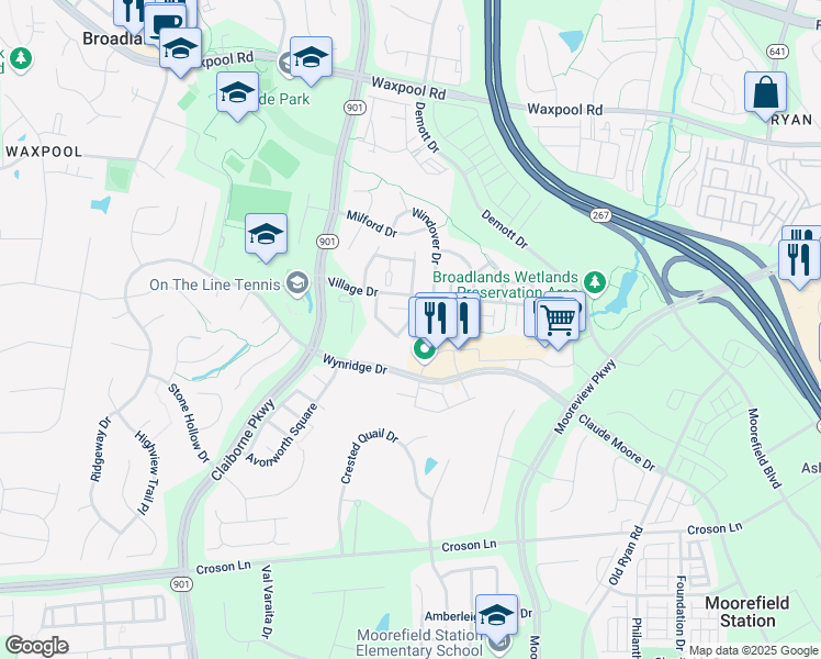 map of restaurants, bars, coffee shops, grocery stores, and more near 21987 Windy Oaks Square in Broadlands