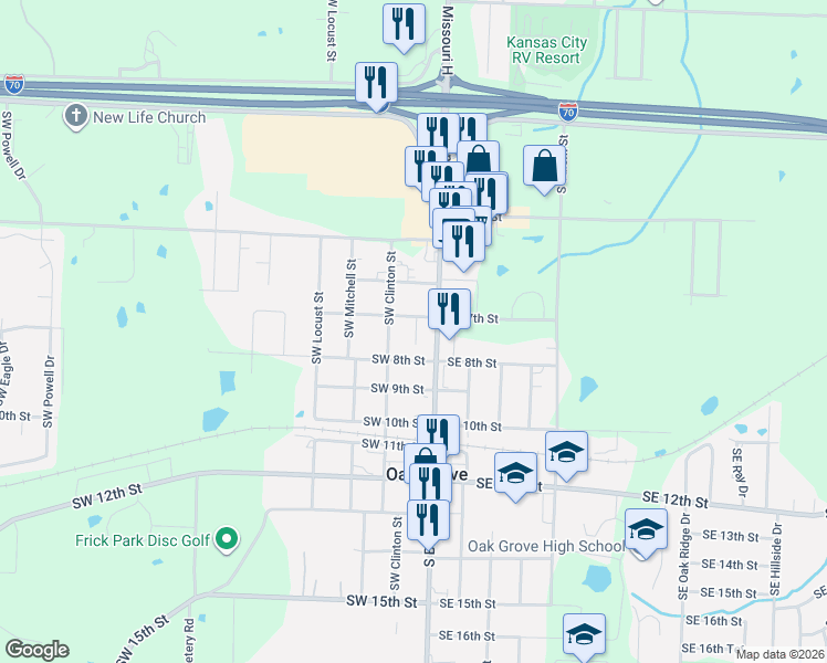 map of restaurants, bars, coffee shops, grocery stores, and more near 704 South Broadway in Oak Grove