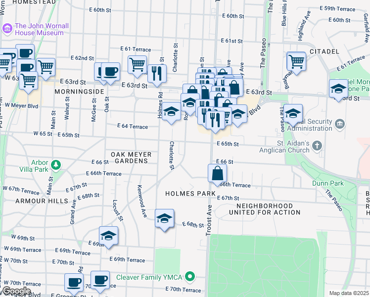 map of restaurants, bars, coffee shops, grocery stores, and more near 6505 Rockhill Road in Kansas City