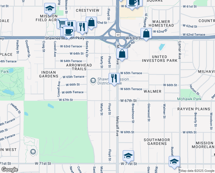 map of restaurants, bars, coffee shops, grocery stores, and more near 6615 Marty Street in Mission