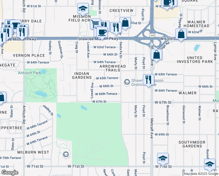 map of restaurants, bars, coffee shops, grocery stores, and more near 7612 West 66th Terrace in Mission