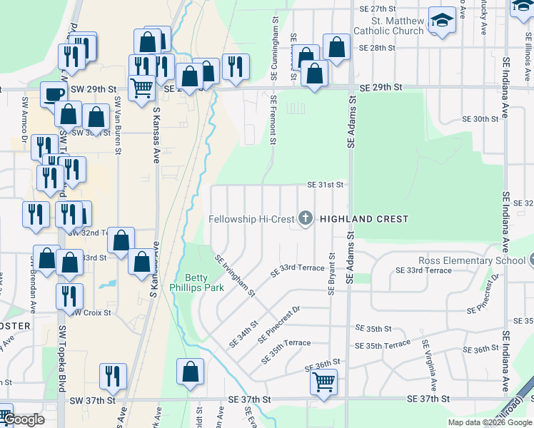 map of restaurants, bars, coffee shops, grocery stores, and more near 301-329 Southeast Golf Park Boulevard in Topeka