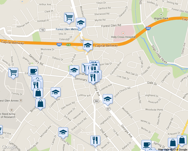 map of restaurants, bars, coffee shops, grocery stores, and more near 9429 Georgia Ave in Silver Spring