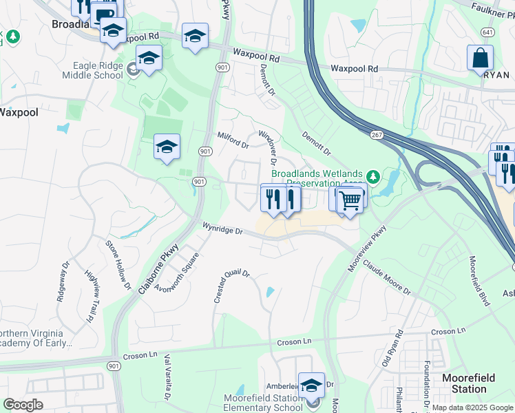 map of restaurants, bars, coffee shops, grocery stores, and more near 21987 Windy Oaks Square in Broadlands