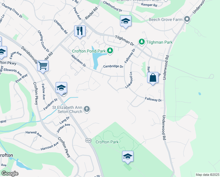 map of restaurants, bars, coffee shops, grocery stores, and more near 1722 Denton Court in Crofton