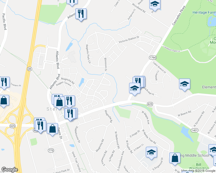 map of restaurants, bars, coffee shops, grocery stores, and more near 45672 Waterloo Station Square in Sterling