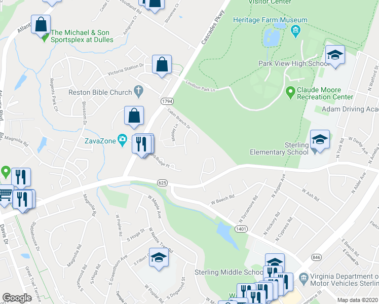 map of restaurants, bars, coffee shops, grocery stores, and more near 21058 Branchwood Way in Sterling