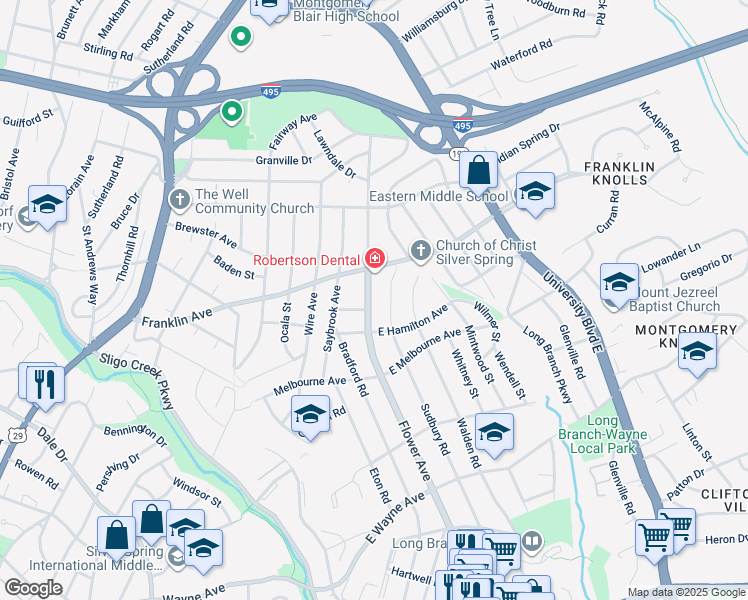 map of restaurants, bars, coffee shops, grocery stores, and more near 9405 Flower Avenue in Silver Spring