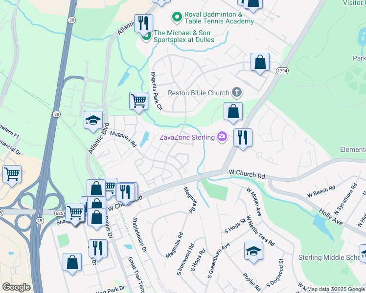 map of restaurants, bars, coffee shops, grocery stores, and more near 45686 Waterloo Station Square in Sterling