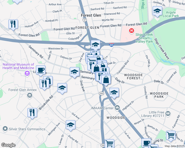 map of restaurants, bars, coffee shops, grocery stores, and more near 1936 Seminary Road in Silver Spring