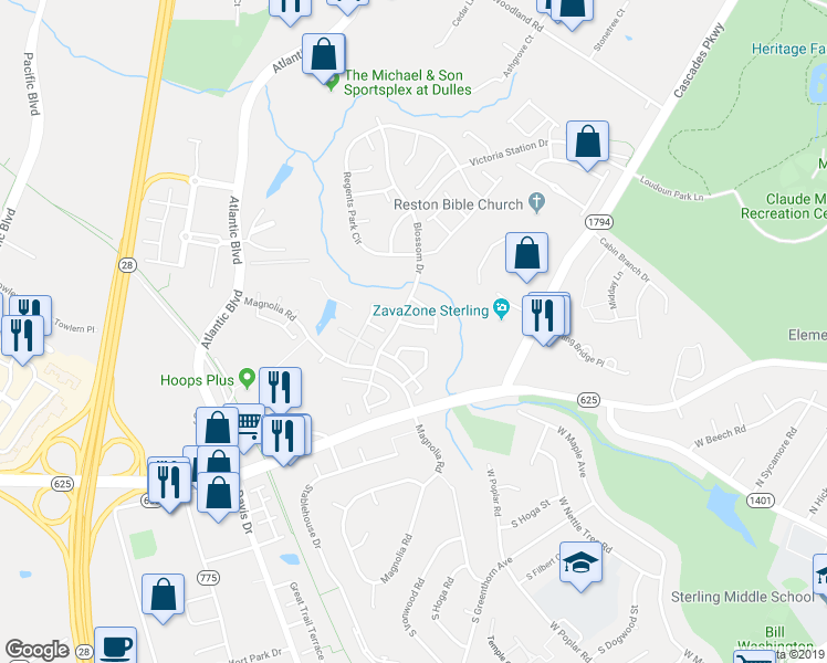 map of restaurants, bars, coffee shops, grocery stores, and more near 45686 Waterloo Station Square in Sterling