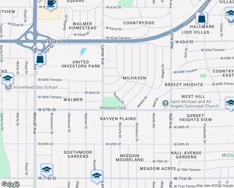 map of restaurants, bars, coffee shops, grocery stores, and more near 6670 Outlook Drive in Mission