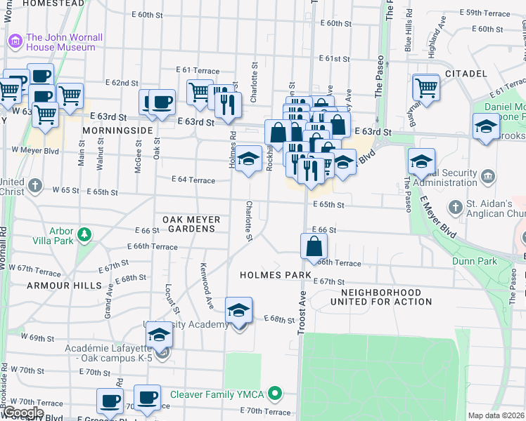 map of restaurants, bars, coffee shops, grocery stores, and more near 6508 Rockhill Road in Kansas City