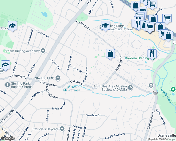 map of restaurants, bars, coffee shops, grocery stores, and more near 250 East Juniper Avenue in Sterling
