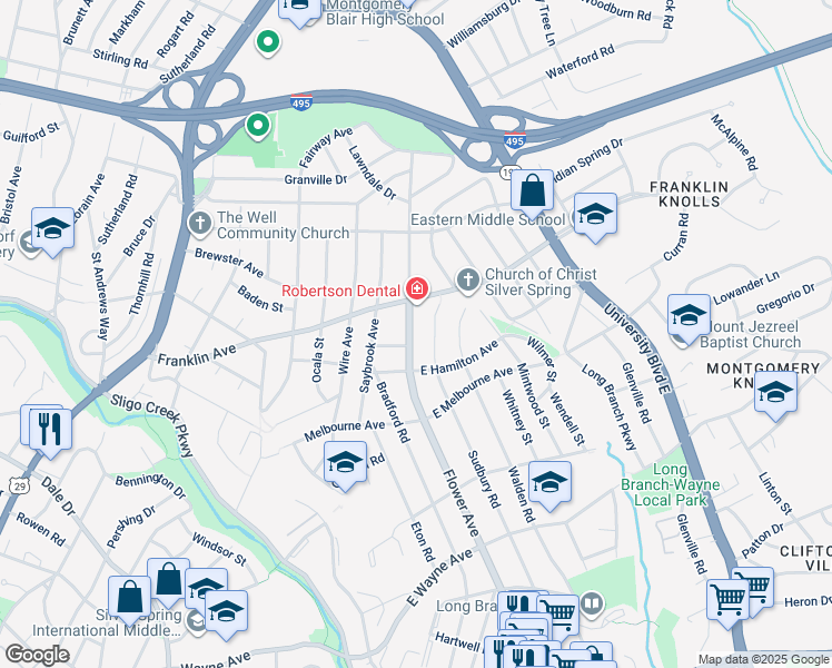 map of restaurants, bars, coffee shops, grocery stores, and more near 9405 Flower Avenue in Silver Spring