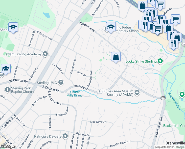 map of restaurants, bars, coffee shops, grocery stores, and more near 250 East Juniper Avenue in Sterling