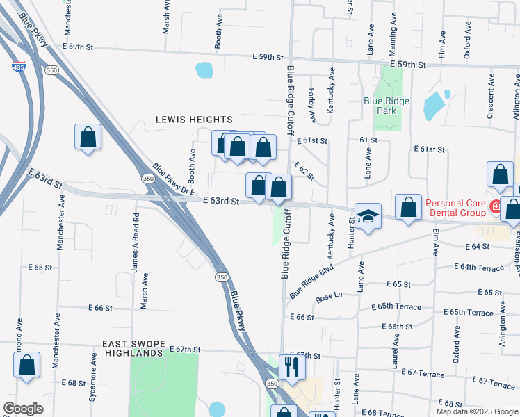 map of restaurants, bars, coffee shops, grocery stores, and more near 8709 East 63rd Street in Kansas City