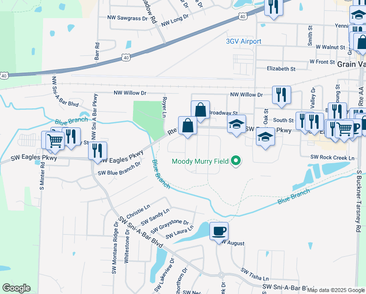 map of restaurants, bars, coffee shops, grocery stores, and more near 108 Rock Creek Drive in Grain Valley