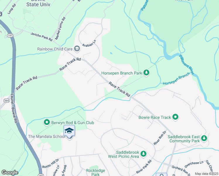 map of restaurants, bars, coffee shops, grocery stores, and more near 8706 Race Track Road in Bowie