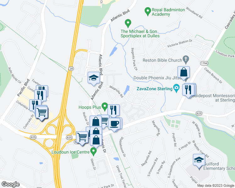 map of restaurants, bars, coffee shops, grocery stores, and more near 45500 Baggett Terrace in Sterling