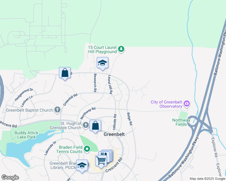 map of restaurants, bars, coffee shops, grocery stores, and more near 2 Laurel Hill Road in Greenbelt