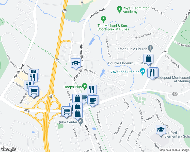map of restaurants, bars, coffee shops, grocery stores, and more near 45500 Baggett Terrace in Sterling